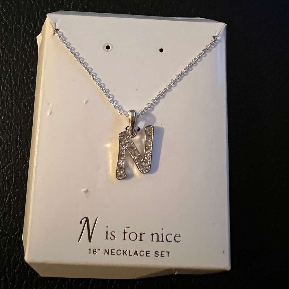 NWT “N is for Nice” silvertone and rhinestone necklace